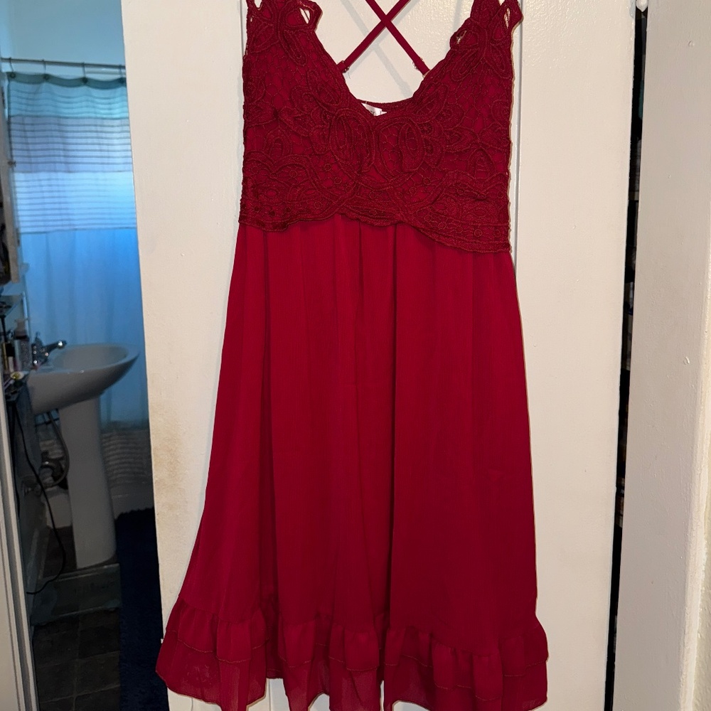 Ruby Red Mini Dress with Floral Lace Top, Criss-Cross Back, Tiered Hem (Size XL)